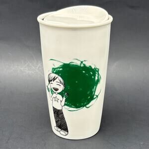 Starbucks Ceramic Travel Tumbler Green Dot Painting Child 12oz Coffee Cup 2015